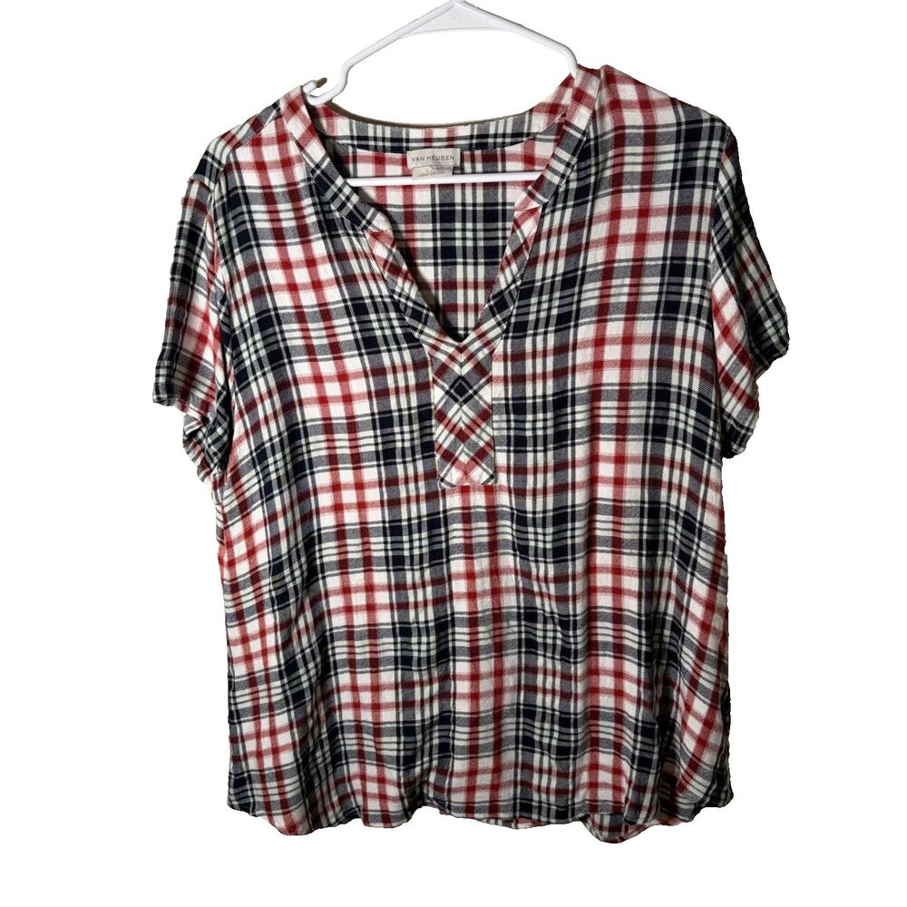 Van Heusen Blouse Women's Large V-Neck Plaid Short Sleeve Shirt Top Casual